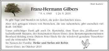 Traueranzeige von Franz-Hermann Gilbers von Neue Osnabrücker Zeitung GmbH & Co. KG