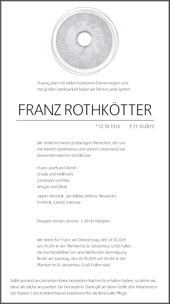  Traueranzeige für Franz Rothkötter vom 24.10.2019 aus Neue Osnabrücker Zeitung GmbH & Co. KG