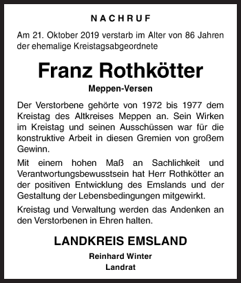 Traueranzeige von Franz Rothkötter von Neue Osnabrücker Zeitung GmbH & Co. KG
