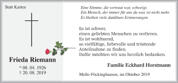 Traueranzeige von Frieda Riemann von Neue Osnabrücker Zeitung GmbH & Co. KG