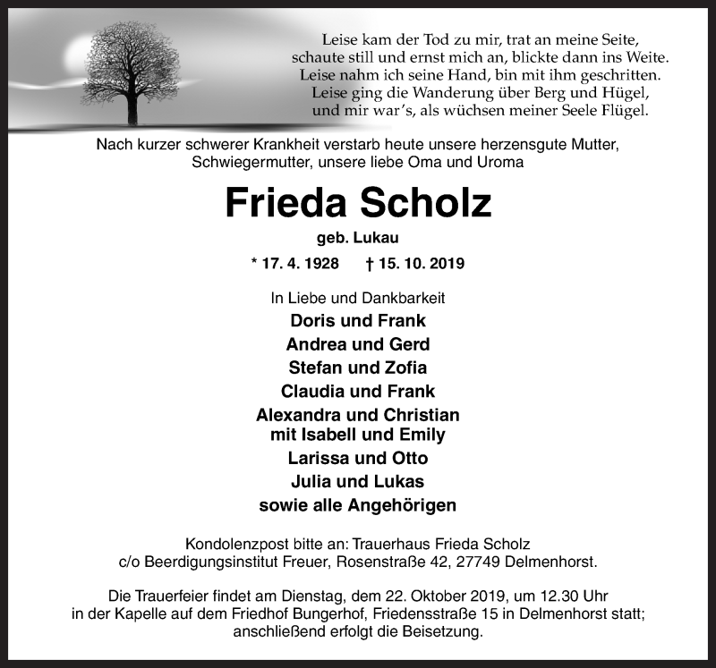  Traueranzeige für Frieda Scholz vom 17.10.2019 aus Neue Osnabrücker Zeitung GmbH & Co. KG