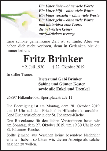 Traueranzeige von Fritz Brinker von Neue Osnabrücker Zeitung GmbH & Co. KG