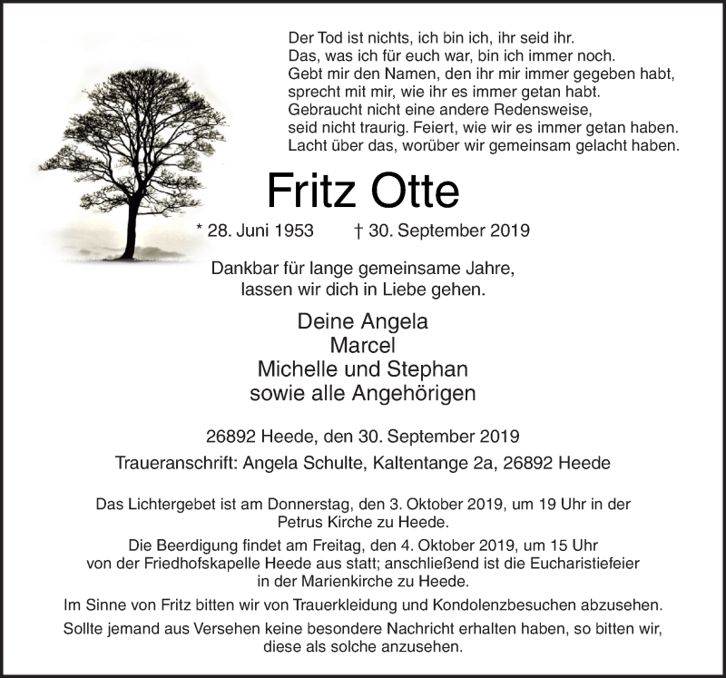  Traueranzeige für Fritz Otte vom 02.10.2019 aus Neue Osnabrücker Zeitung GmbH & Co. KG