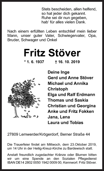 Traueranzeige von Fritz Stöver von Neue Osnabrücker Zeitung GmbH & Co. KG