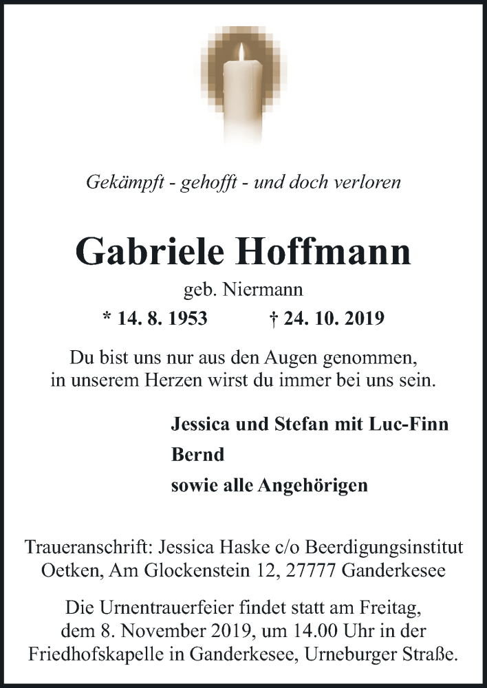  Traueranzeige für Gabriele Hoffmann vom 26.10.2019 aus Neue Osnabrücker Zeitung GmbH & Co. KG