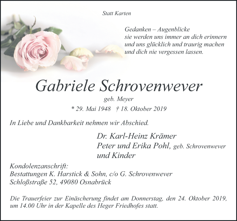  Traueranzeige für Gabriele Schrovenwever vom 21.10.2019 aus Neue Osnabrücker Zeitung GmbH & Co. KG