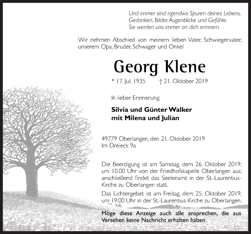  Traueranzeige für Georg Klene vom 24.10.2019 aus Neue Osnabrücker Zeitung GmbH & Co. KG