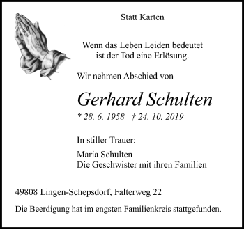 Traueranzeige von Gerhard Schulten von Neue Osnabrücker Zeitung GmbH & Co. KG