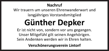 Traueranzeige von Günther Depker von Neue Osnabrücker Zeitung GmbH & Co. KG