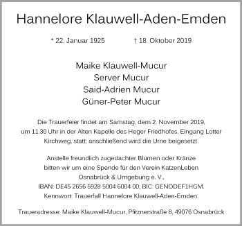 Traueranzeige von Hannelore Klauwell-Aden-Emden von Neue Osnabrücker Zeitung GmbH & Co. KG