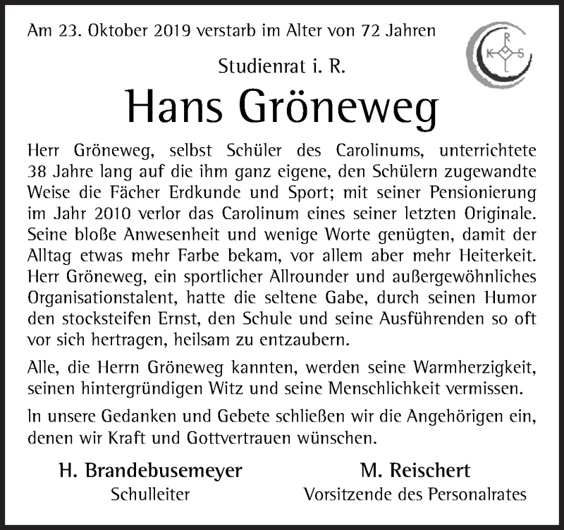  Traueranzeige für Hans Gröneweg vom 30.10.2019 aus Neue Osnabrücker Zeitung GmbH & Co. KG
