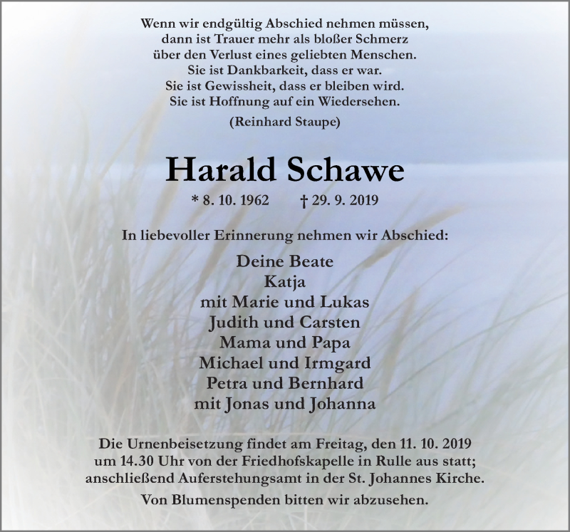  Traueranzeige für Harald Schawe vom 05.10.2019 aus Neue Osnabrücker Zeitung GmbH & Co. KG