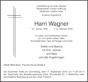 Traueranzeige von Harri Wagner von Neue Osnabrücker Zeitung GmbH & Co. KG