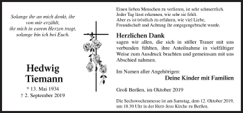 Traueranzeige von Hedwig Tiemann von Neue Osnabrücker Zeitung GmbH & Co. KG