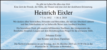 Traueranzeige von Heinrich Eixler von Neue Osnabrücker Zeitung GmbH & Co. KG