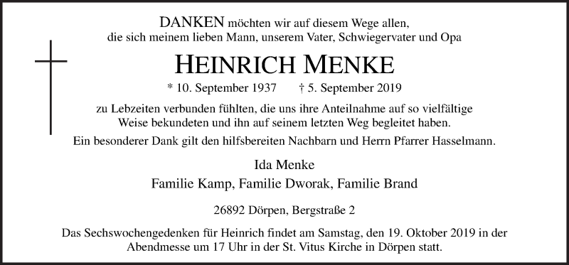  Traueranzeige für Heinrich Menke vom 16.10.2019 aus Neue Osnabrücker Zeitung GmbH & Co. KG