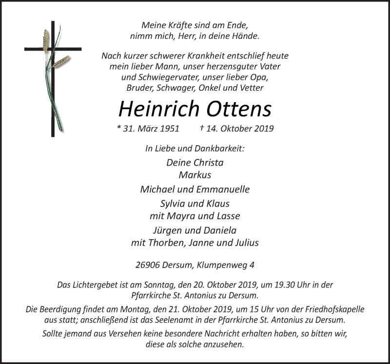  Traueranzeige für Heinrich Ottens vom 16.10.2019 aus Neue Osnabrücker Zeitung GmbH & Co. KG