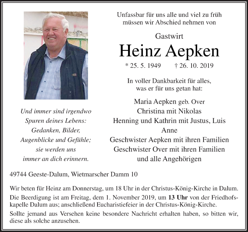  Traueranzeige für Heinz Aepken vom 29.10.2019 aus Neue Osnabrücker Zeitung GmbH & Co. KG