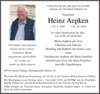 Traueranzeige von Heinz Aepken von Neue Osnabrücker Zeitung GmbH & Co. KG