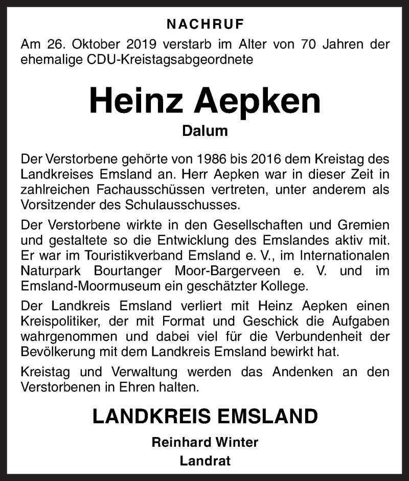  Traueranzeige für Heinz Aepken vom 30.10.2019 aus Neue Osnabrücker Zeitung GmbH & Co. KG