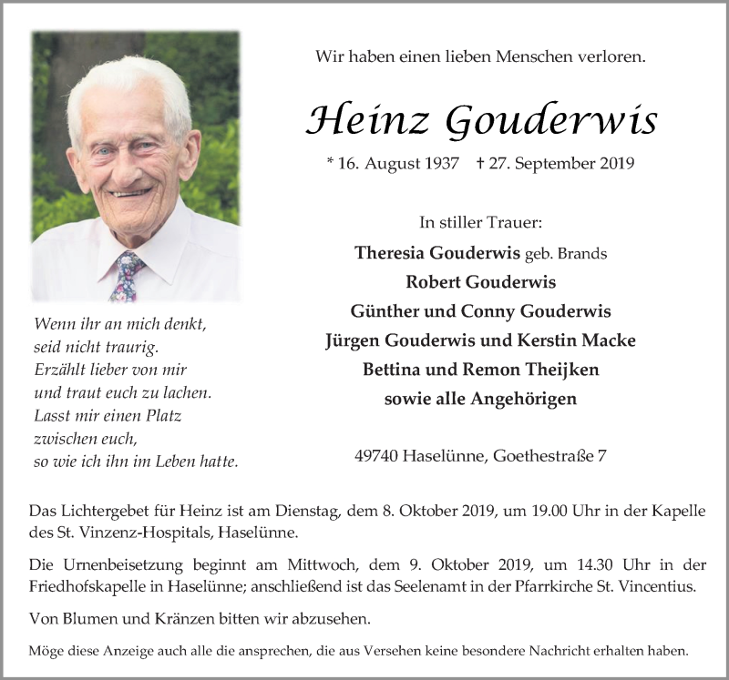  Traueranzeige für Heinz Gouderwis vom 02.10.2019 aus Neue Osnabrücker Zeitung GmbH & Co. KG