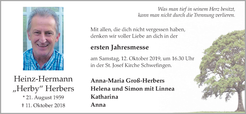  Traueranzeige für Heinz-Hermann Herbers vom 09.10.2019 aus Neue Osnabrücker Zeitung GmbH & Co. KG