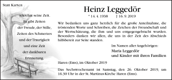 Traueranzeige von Heinz Leggedör von Neue Osnabrücker Zeitung GmbH & Co. KG