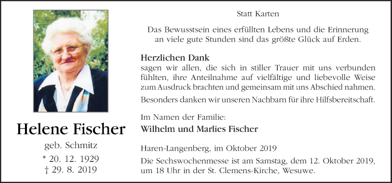  Traueranzeige für Helene Fischer vom 09.10.2019 aus Neue Osnabrücker Zeitung GmbH & Co. KG