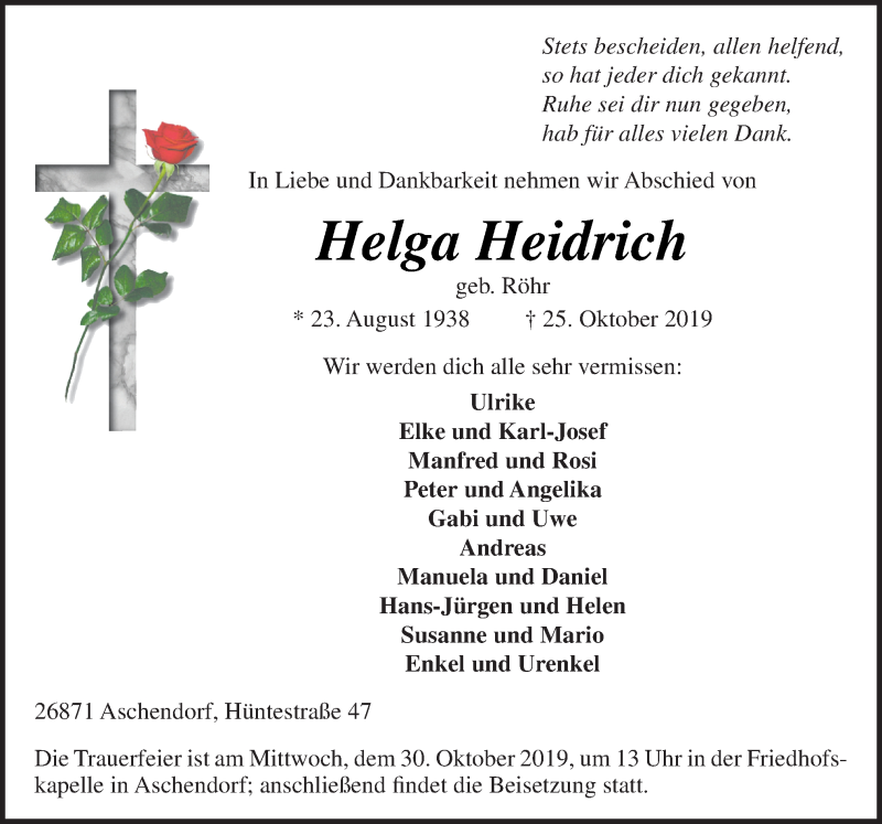  Traueranzeige für Helga Heidrich vom 28.10.2019 aus Neue Osnabrücker Zeitung GmbH & Co. KG