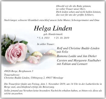 Traueranzeige von Helga Linden von Neue Osnabrücker Zeitung GmbH & Co. KG