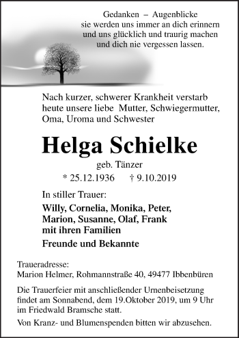 Traueranzeige von Helga Schielke von Neue Osnabrücker Zeitung GmbH & Co. KG