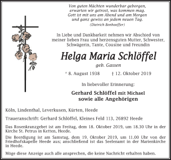 Traueranzeige von Helga Maria Schlöffel von Neue Osnabrücker Zeitung GmbH & Co. KG