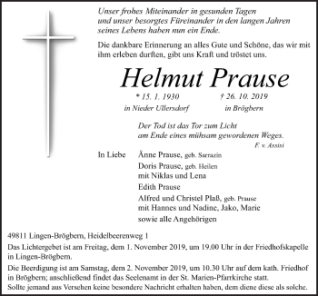 Traueranzeige von Helmut Prause von Neue Osnabrücker Zeitung GmbH & Co. KG