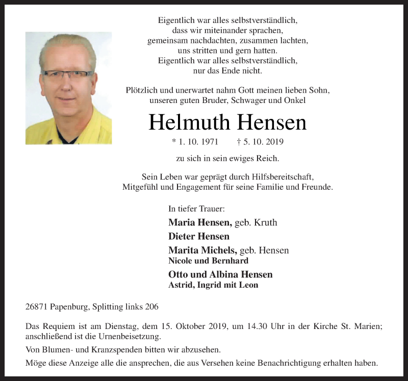  Traueranzeige für Helmuth Hensen vom 10.10.2019 aus Neue Osnabrücker Zeitung GmbH & Co. KG