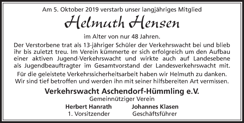  Traueranzeige für Helmuth Hensen vom 12.10.2019 aus Neue Osnabrücker Zeitung GmbH & Co. KG