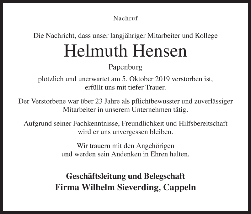  Traueranzeige für Helmuth Hensen vom 12.10.2019 aus Neue Osnabrücker Zeitung GmbH & Co. KG