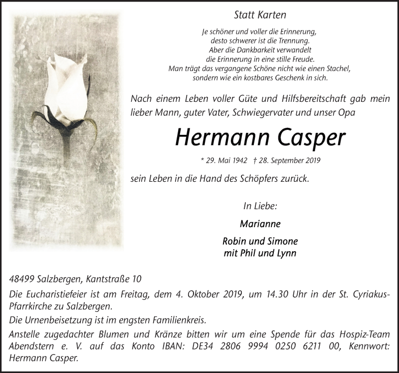  Traueranzeige für Hermann Casper vom 01.10.2019 aus Neue Osnabrücker Zeitung GmbH & Co. KG