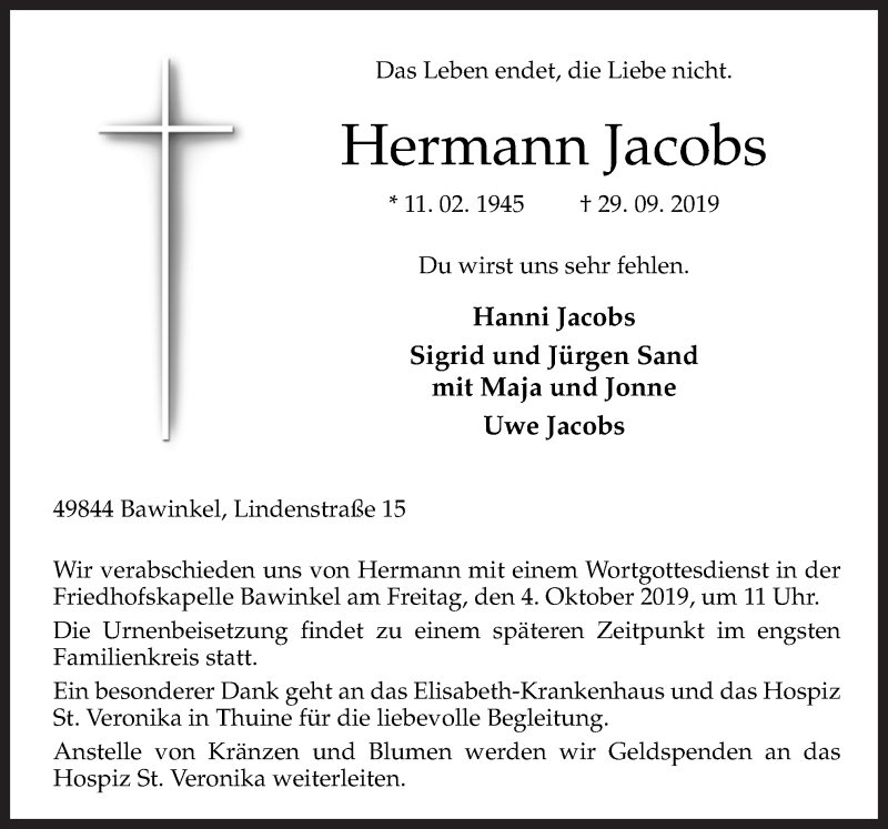  Traueranzeige für Hermann Jacobs vom 01.10.2019 aus Neue Osnabrücker Zeitung GmbH & Co. KG