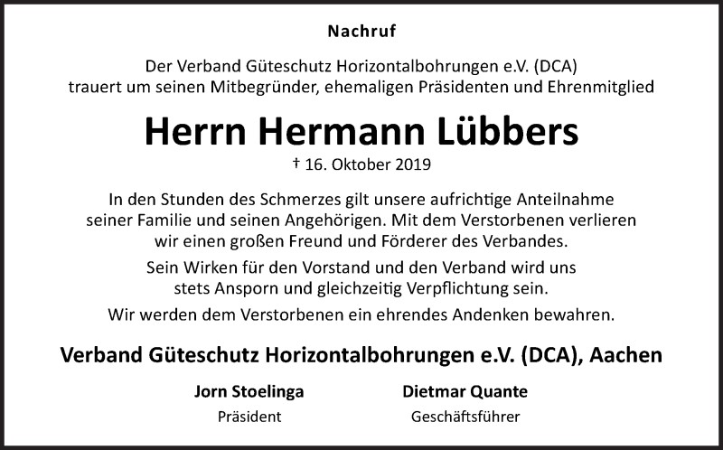  Traueranzeige für Hermann Lübbers vom 24.10.2019 aus Neue Osnabrücker Zeitung GmbH & Co. KG
