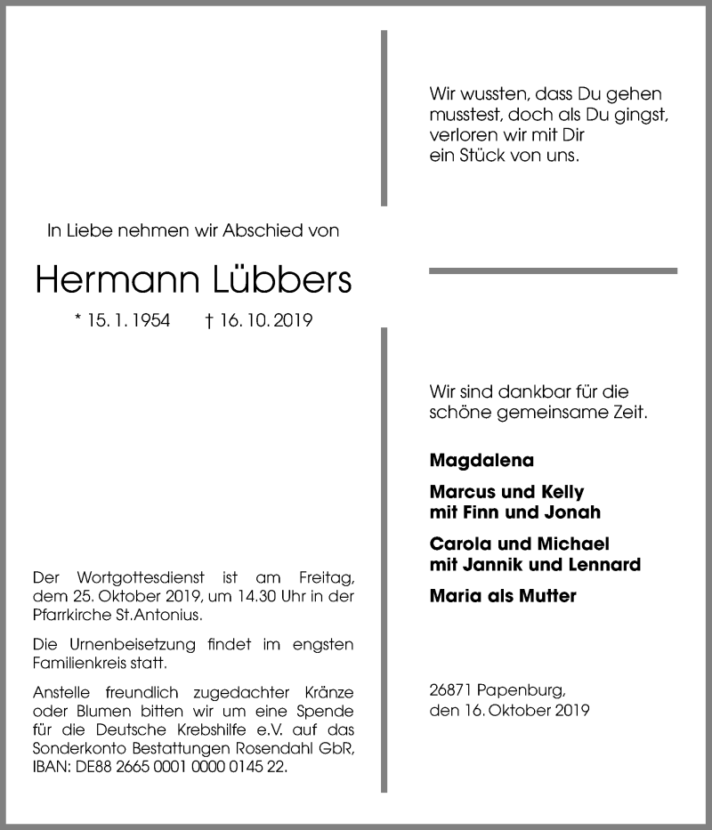  Traueranzeige für Hermann Lübbers vom 19.10.2019 aus Neue Osnabrücker Zeitung GmbH & Co. KG