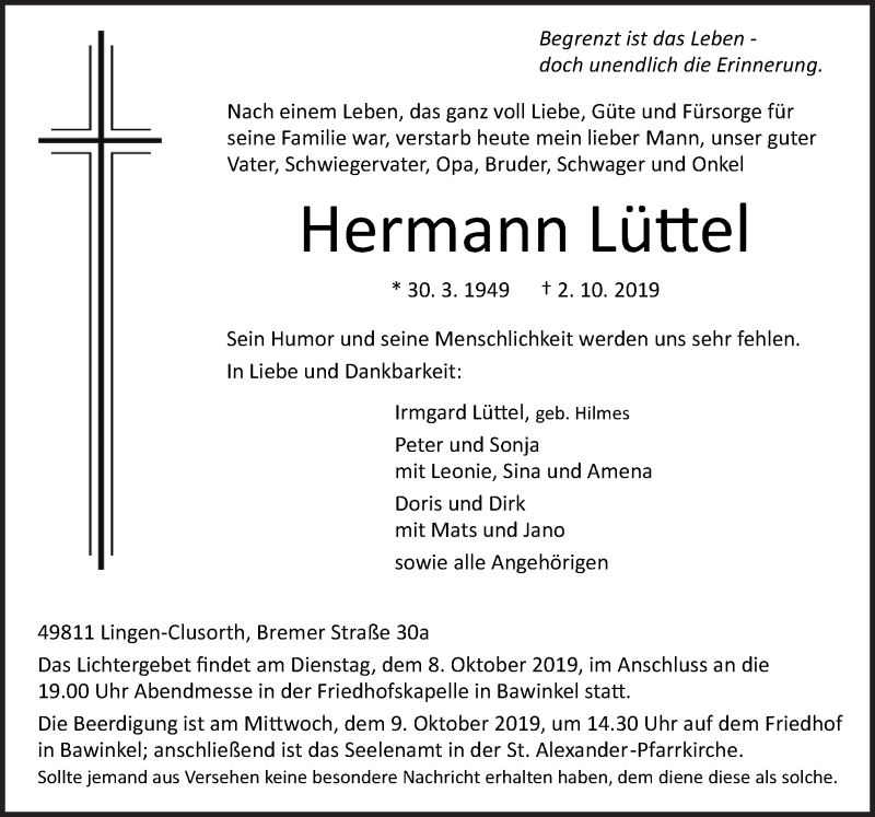  Traueranzeige für Hermann Lüttel vom 05.10.2019 aus Neue Osnabrücker Zeitung GmbH & Co. KG