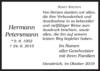 Traueranzeige von Hermann Petersmann von Neue Osnabrücker Zeitung GmbH & Co. KG