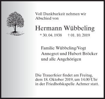 Traueranzeige von Hermann Wübbeling von Neue Osnabrücker Zeitung GmbH & Co. KG