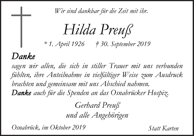  Traueranzeige für Hilda Preuß vom 19.10.2019 aus Neue Osnabrücker Zeitung GmbH & Co. KG