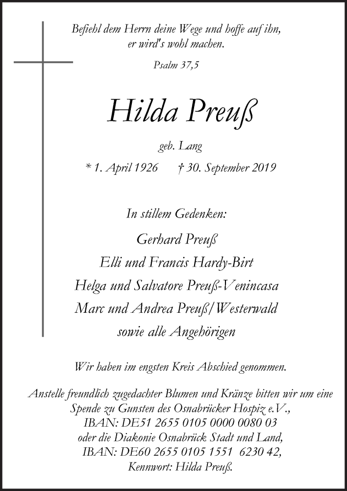  Traueranzeige für Hilda Preuß vom 12.10.2019 aus Neue Osnabrücker Zeitung GmbH & Co. KG