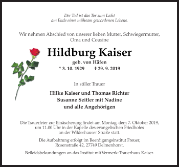 Traueranzeige von Hildburg Kaiser von Neue Osnabrücker Zeitung GmbH & Co. KG