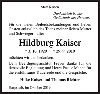 Traueranzeige von Hildburg Kaiser von Neue Osnabrücker Zeitung GmbH & Co. KG