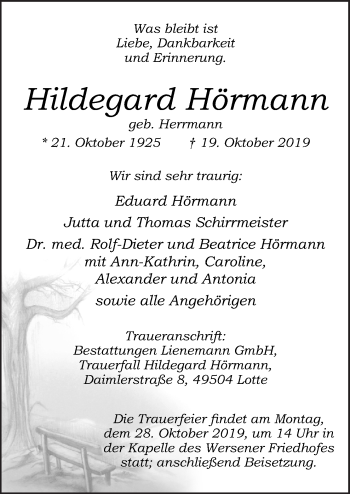 Traueranzeige von Hildegard Hörmann von Neue Osnabrücker Zeitung GmbH & Co. KG