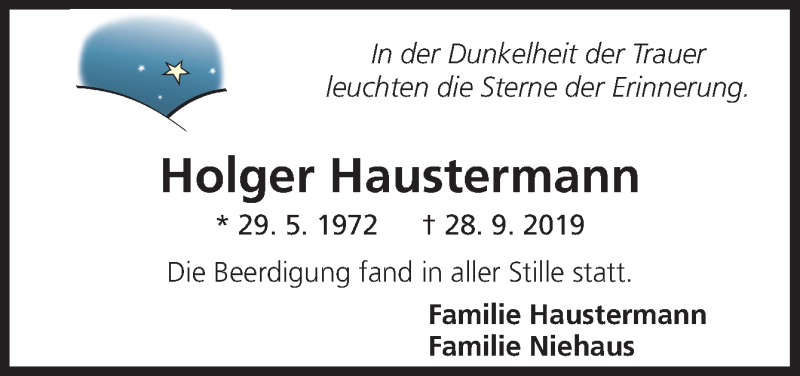  Traueranzeige für Holger Haustermann vom 14.10.2019 aus Neue Osnabrücker Zeitung GmbH & Co. KG