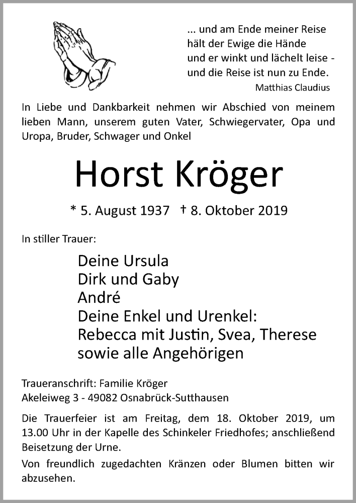  Traueranzeige für Horst Kröger vom 12.10.2019 aus Neue Osnabrücker Zeitung GmbH & Co. KG